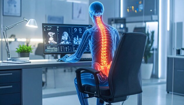 Ergonomic Discomfort: An individual is shown seated at a desk, with their spine highlighted, illustrating potential strain from prolonged desk work.