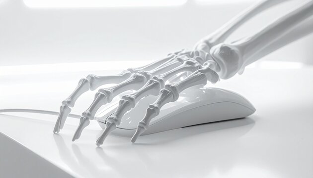 Skeletal Hand on Mouse: A skeletal hand interacts with a computer mouse, symbolizing the intersection of technology and the human body.