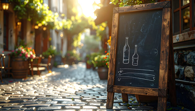 Chalkboard outside a french bistro on a cobblestone street featuring handwritten specials and wine drawings in soft afternoon sunlight generative AI