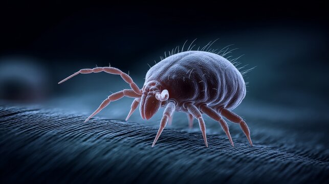 Microscopic dust mite on fabric surface with dark blue medical background