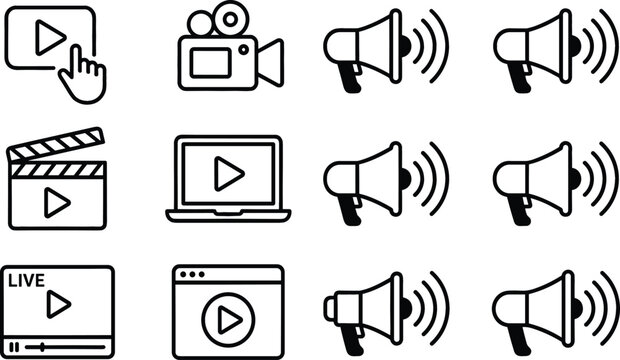 Video marketing and digital media icon set featuring megaphone broadcast streaming video player clapperboard and online advertising symbols isolated on white background
