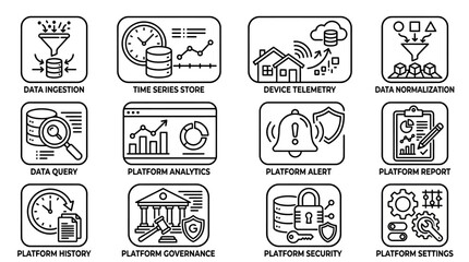 Fototapeta premium Set of line icons representing data platform processes and infrastructure features.