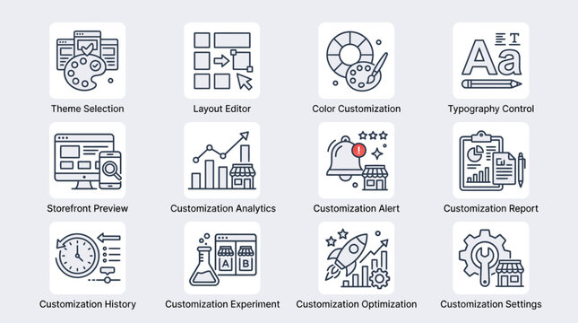 Set of line icons for website and app customization tools.