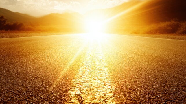 Intense sun glare shimmering above cracked asphalt road, creating a heat haze effect on a clear day.
