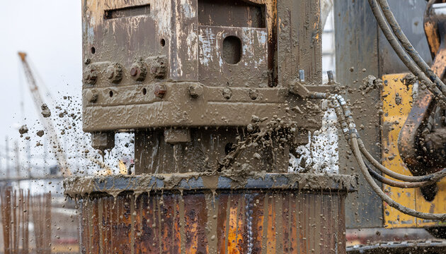 Hydraulic piling rig driving heavy steel casing into ground while splashing mud and water showcasing detailed rusted metal surface textures generative AI