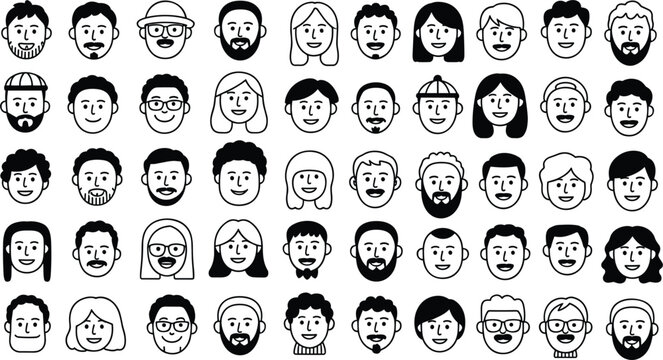 People avatar faces collection vector illustration diverse cartoon profile icons smiling men and women character heads isolated set