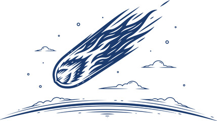 Blue comet streaking across sky with clouds and stars in stylized line art on transparent background. © Sadhin