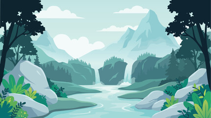Mountain landscape with river and waterfall, colorful vector illustration © Rena