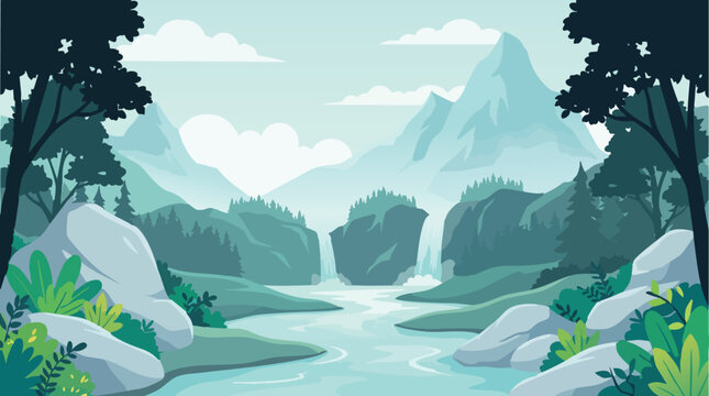 Mountain landscape with river and waterfall, colorful vector illustration