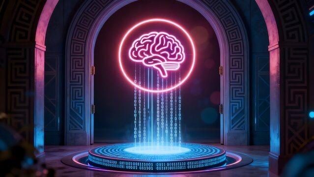 Neon brain and binary code in archway