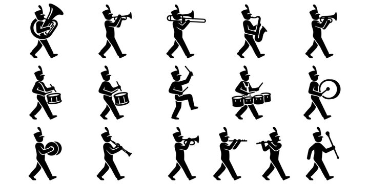 Collection of marching band musician silhouettes with brass instruments and drums, perfect for music festival and parade design themes.
