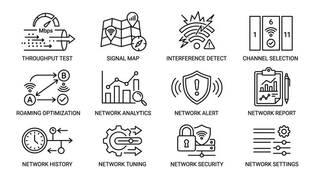 Set of network management and connectivity outline icons.