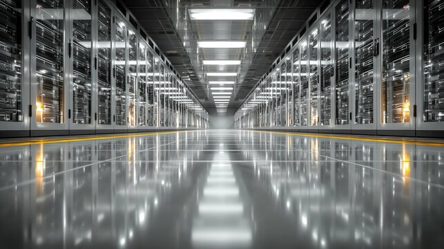 Symmetrical Perspective View of a Modern High Tech Data Center Server Room Corridor Interior