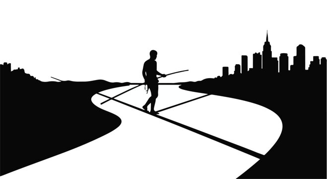 Tightrope walker balances carefully on a high wire above the city skyline, symbolizing professional focus, risk management, and the constant struggle for stability in a competitive environment.