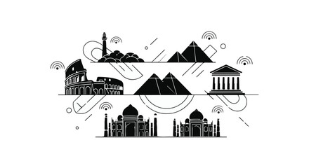 Naklejka premium Global landmarks depicted in a simplified minimalist style connect world travel with digital connectivity, showcasing international heritage sites as focal points for modern tourism and culture.