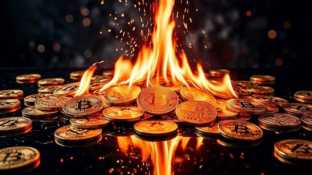 Bitcoin coins burning in flames emphasizing fluid motion and vibrant color palettes