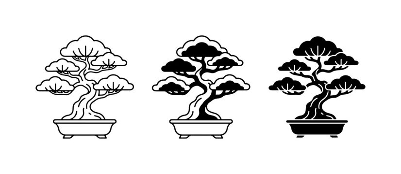Bonsai Tree Icons, Miniature Plant Art, Zen Garden Elements, Black and White