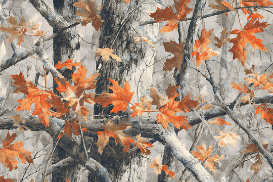 A realistic camouflage pattern with tree branches and leaves in the background, seamless repeating pattern