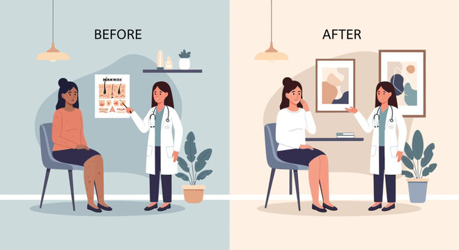 Doctor Consultation Before and After Treatment: Patient Improvement Illustration