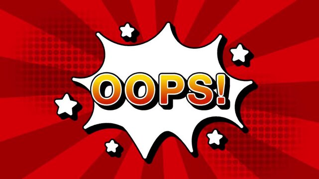 Oops text word lettering popup comic cartoon reveal with bomb and smoke explosion manga anime book page dots with radial speed lines doodle red background with seamless loop animation retro