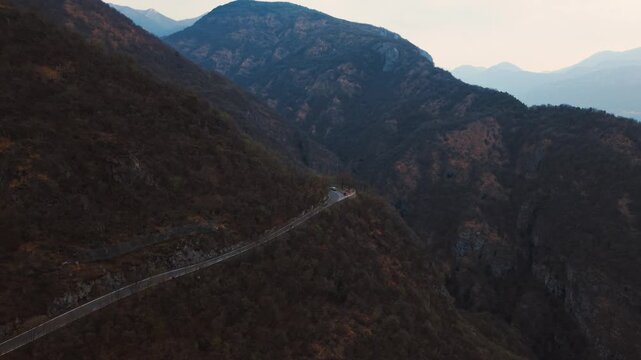 Aerial of the Steep Mountain Road in the Evening, Como