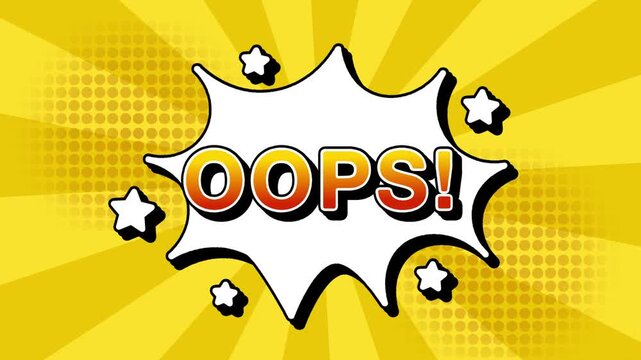Oops text word lettering popup comic cartoon reveal with bomb and smoke explosion manga anime book page dots with radial speed lines doodle yellow background with seamless loop animation retro