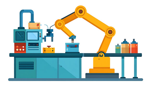 Automated robotic arm on assembly line, industrial automation, manufacturing process, technology, factory production, precision engineering, digital manufacturing