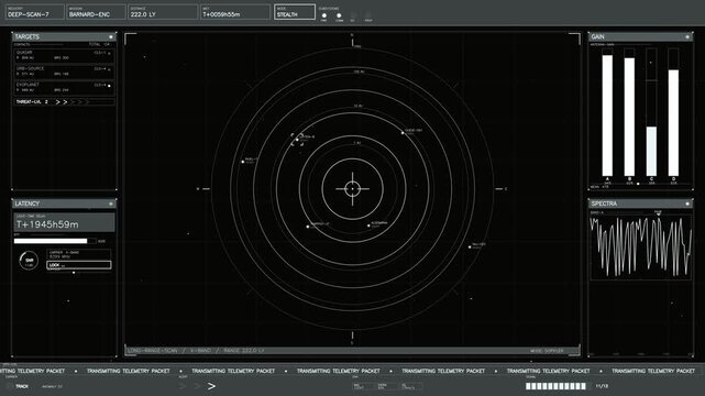 This high tech head up display features a central astronomical radar scanning multiple star systems and exoplanets. The monochrome interface displays real time telemetry, signal gain bars, spectral wa