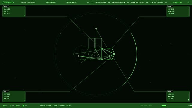 A monochromatic green head up display shows a tactical scanning interface. A central circular radar sweep monitors a rotating 3D wireframe vessel while surrounding data modules display bearing, rotati