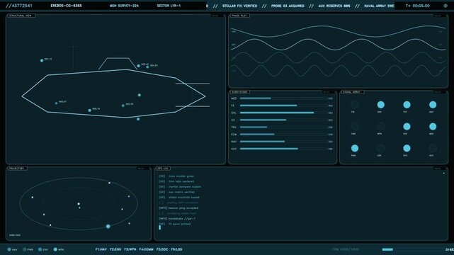 A detailed blue and cyan futuristic head up display featuring a spaceship structural wireframe, orbital trajectory map, and real time telemetry data. The interface includes scrolling operation logs, o