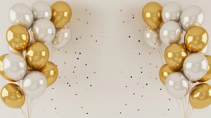 Naklejka premium Golden and white foil balloons with confetti scattered around transparent background