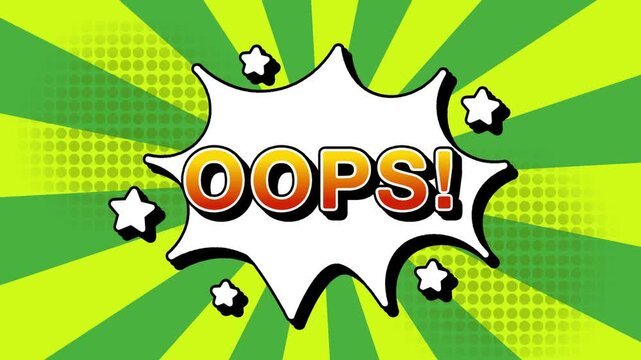 Oops text word lettering popup comic cartoon reveal with bomb and smoke explosion manga anime book page dots with radial speed lines doodle green background with seamless loop animation retro