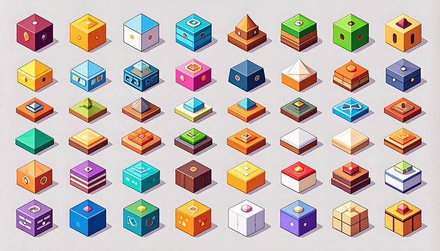 collection of pixel art isometric cubes and blocks in various colors and shapes, representing building blocks, game assets, or UI elements, flat design