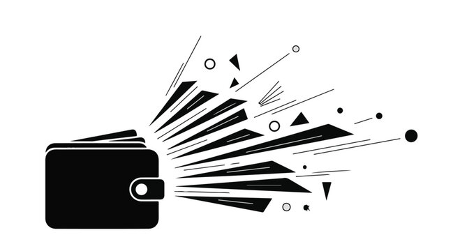 Wallet ejecting various geometric shapes and paper forms, symbolizing unexpected financial loss or the rapid depletion of personal assets during a volatile economic climate for modern consumers.