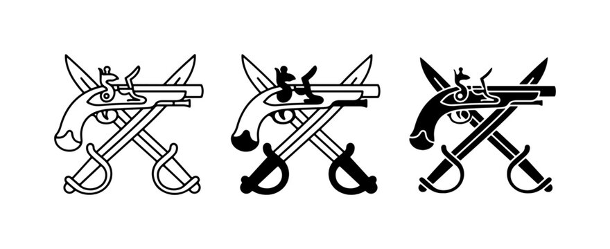Flintlock Pistols and Cutlasses Vector Icons, Pirate Symbols, Nautical Emblem Set