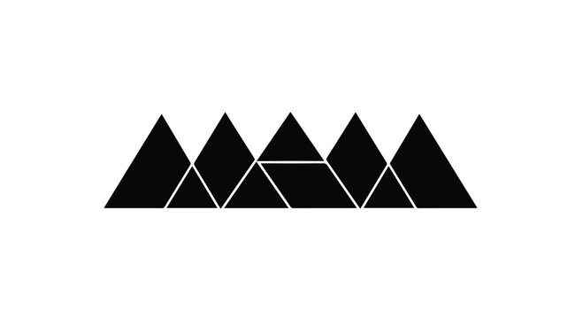 Mountain range rendered in a minimalist geometric style depicts the rugged beauty of high peaks using simple black triangular shapes to evoke a sense of adventure and the vast natural landscape.