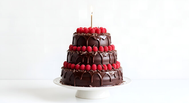 A tall chocolate cake with raspberries on a white plate indoors