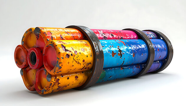 Bundle of dynamite sticks, tied together with metal bands, showing colorful, weathered tubes with dirt and rust texture, dangerous explosive material