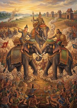 An epic ancient Thai battle painting showing brave warriors fighting on elephants with soldiers holding weapons on the ground.