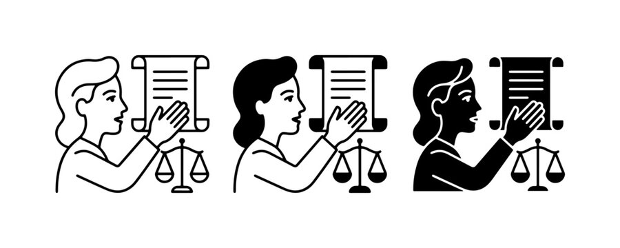 Lawyer, Justice, Legal Document Icons: Female Advocate, Scroll, Scales of Justice