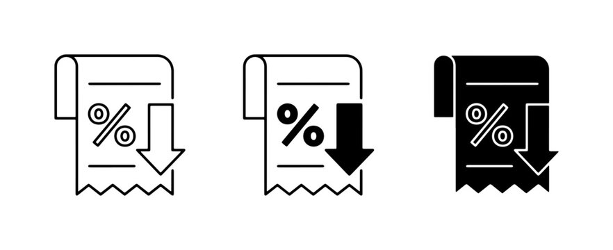 Discount Receipt Icons, Price Reduction Symbols, Sale Decrease Graphics