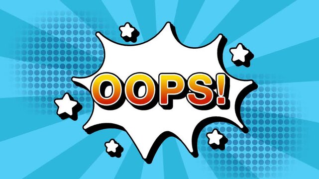 Oops text word lettering popup comic cartoon reveal with bomb and smoke explosion manga anime book page dots with radial speed lines doodle sky blue background with seamless loop animation retro