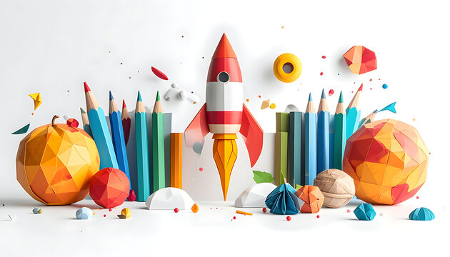 Colorful low poly rocket launching amidst pencils, abstract geometric fruits and spheres on a white background, playful imagination and creativity concept