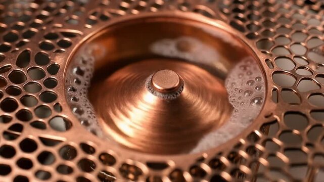 Overclocked Vapor Chamber. Computer Technology Background. A copper vapor chamber with visible, distorted surface texture due to extreme heat stress and the subtle ripple of boiling liquid inside.
