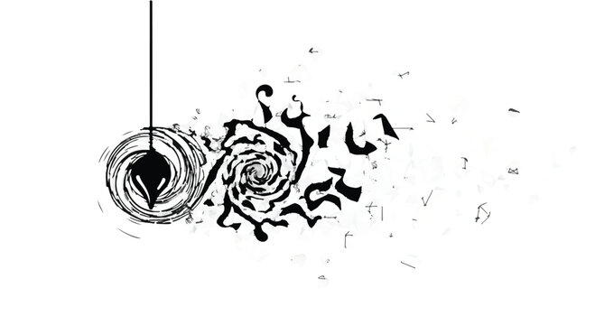 Pendulum swinging over a swirling vortex of abstract energy creates a powerful visual metaphor for the concepts of time, chaos, gravity, and the unpredictable nature of our physical universe.