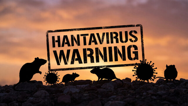 Hantavirus public warning concept with rodent silhouettes and virus particles against dramatic sunset sky for infectious disease awareness transmission risk and zoonotic health threat education