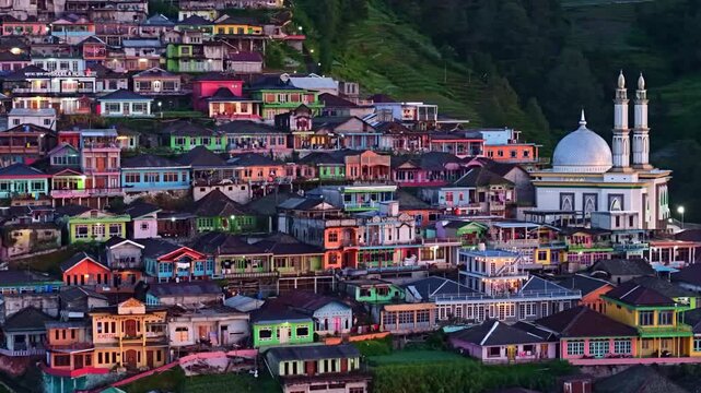 Scenic close-up of Nepal van Java village with two minaret mosque at dawn, colorful rural houses layered on Mount Sumbing mountainside.