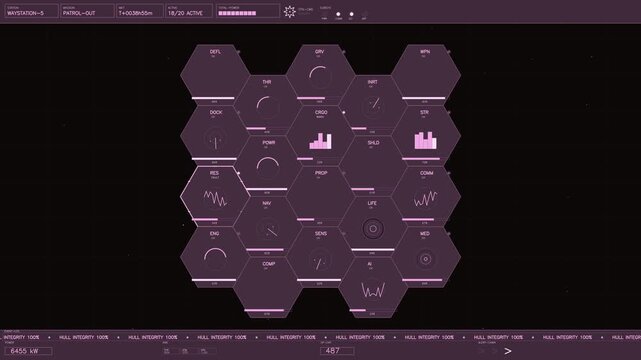 A detailed tactical sci fi interface featuring a central hexagonal grid of system monitors and telemetry gauges. The display shows mission status, power levels, and hull integrity across a deep purple