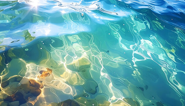 Clear turquoise water surface with sun glare and shimmering light patterns on pebble seabed, aquatic background