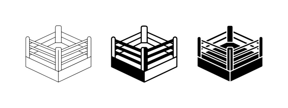 Boxing Ring Icons, Combat Sport Arena Vector Graphics, Fighting Championship Stage Illustrations